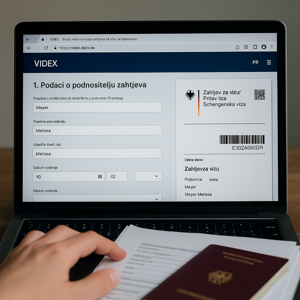 Ekran laptopa prikazuje otvoren Videx obrazac za njemačku vizu, uz pasoš i olovku na stolu